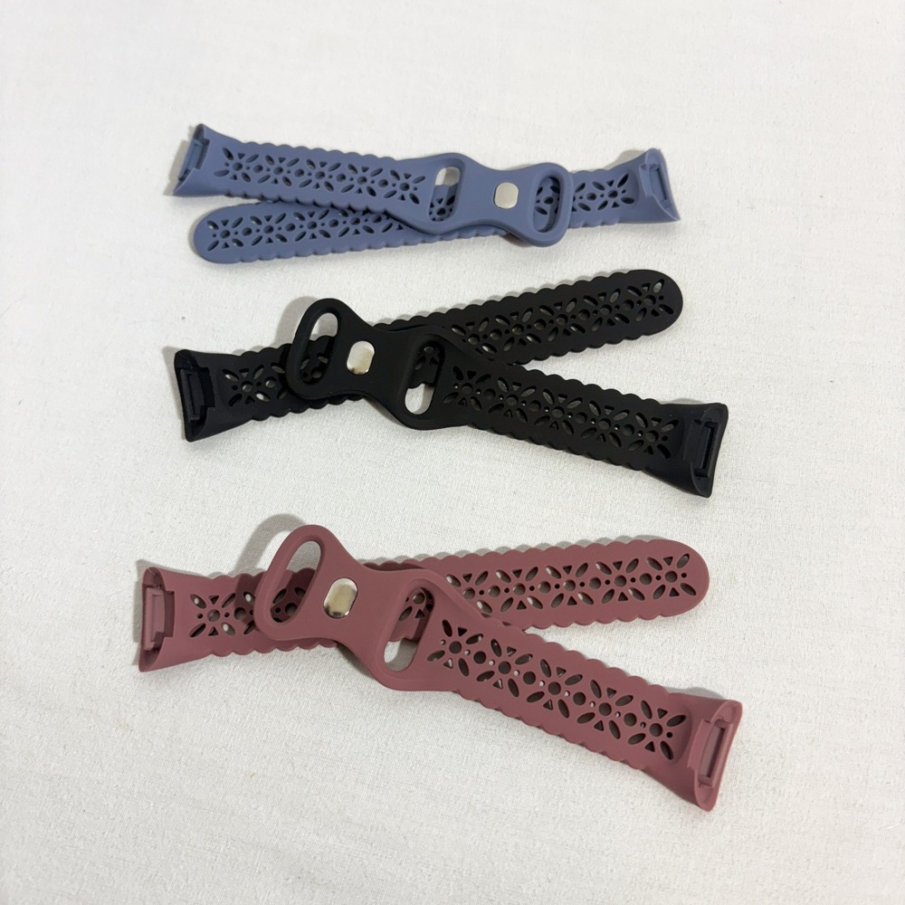 3 Pack Band Compatible w/ Fitbit Charge 3/4 Floral Lace Silicone Black Blue Rose